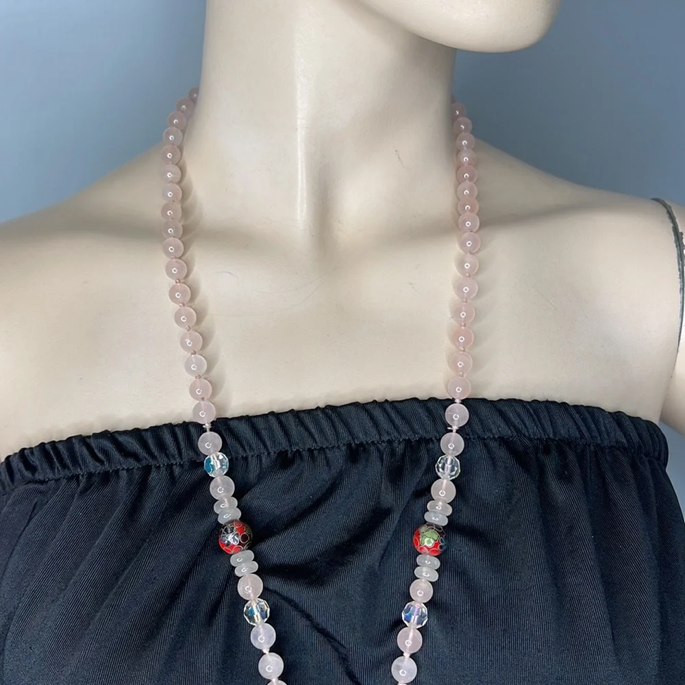 Pink Rose Quartz Beaded Necklace w Cloisonne & Aurora Borealis Accent Be…